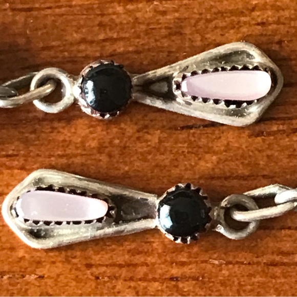 Sterling Silver Coral Onyx and Mother of Pearl Dangly Earrings - Picture 5 of 6